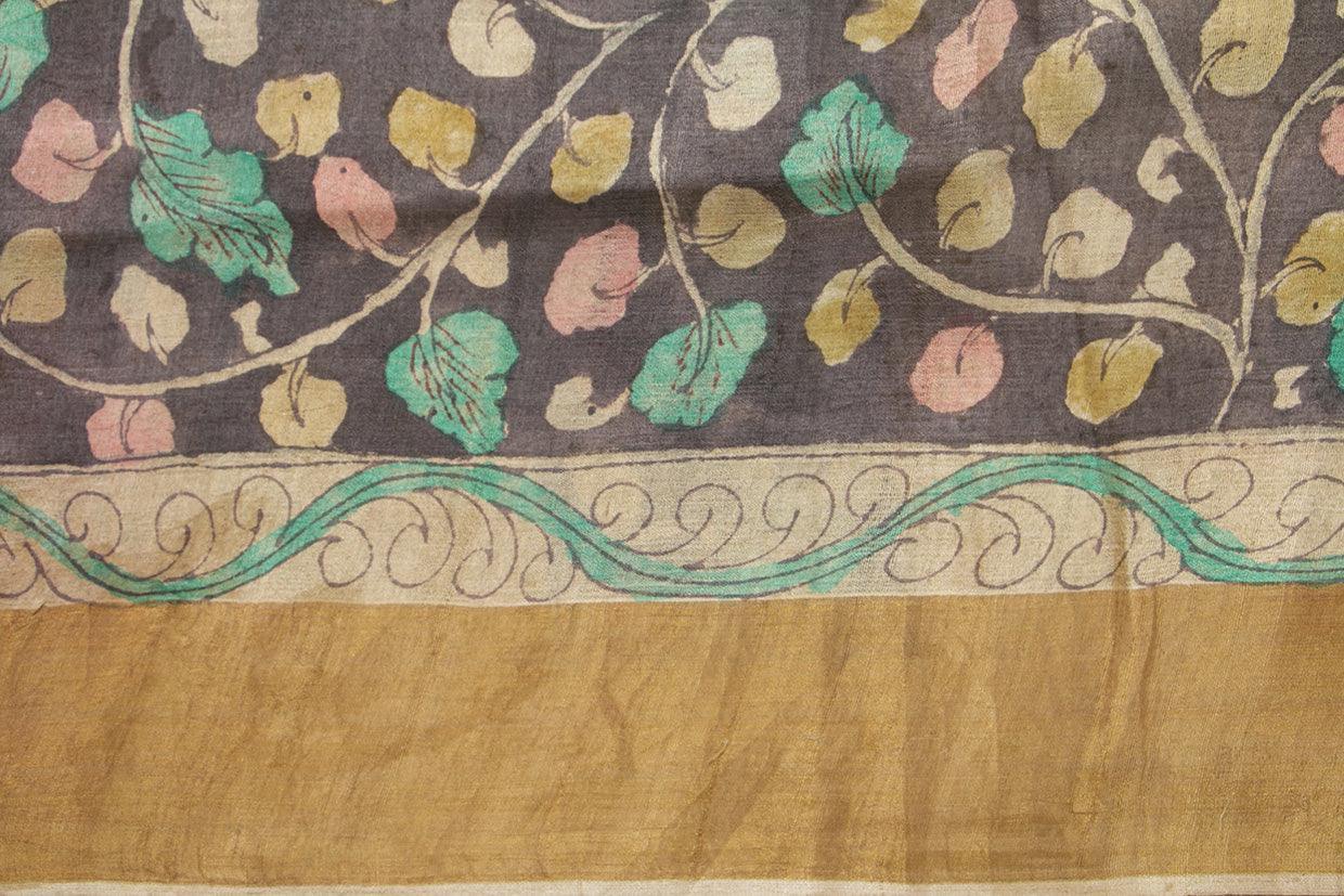 Maroon And Black Kalamkari Tussar Silk Saree Handpainted Floral Patterns Organic Vegetable Dyes PT K VSR 113 - Kalamkari Silk - Panjavarnam PT K VSR 113
