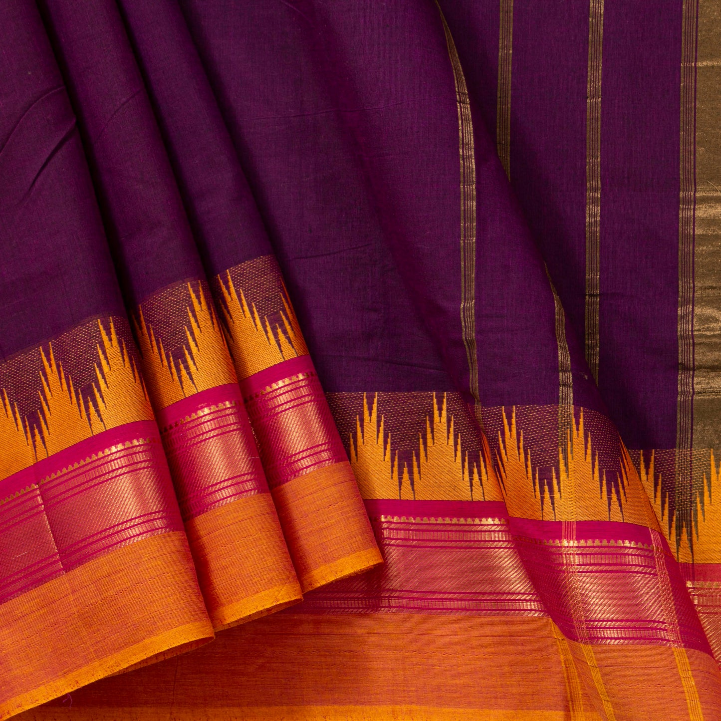 Maroon And Mustard Kanchi Cotton Saree Ganga Jamuna Border PV MM KC 122 - Cotton Saree - Panjavarnam PV MM KC 122