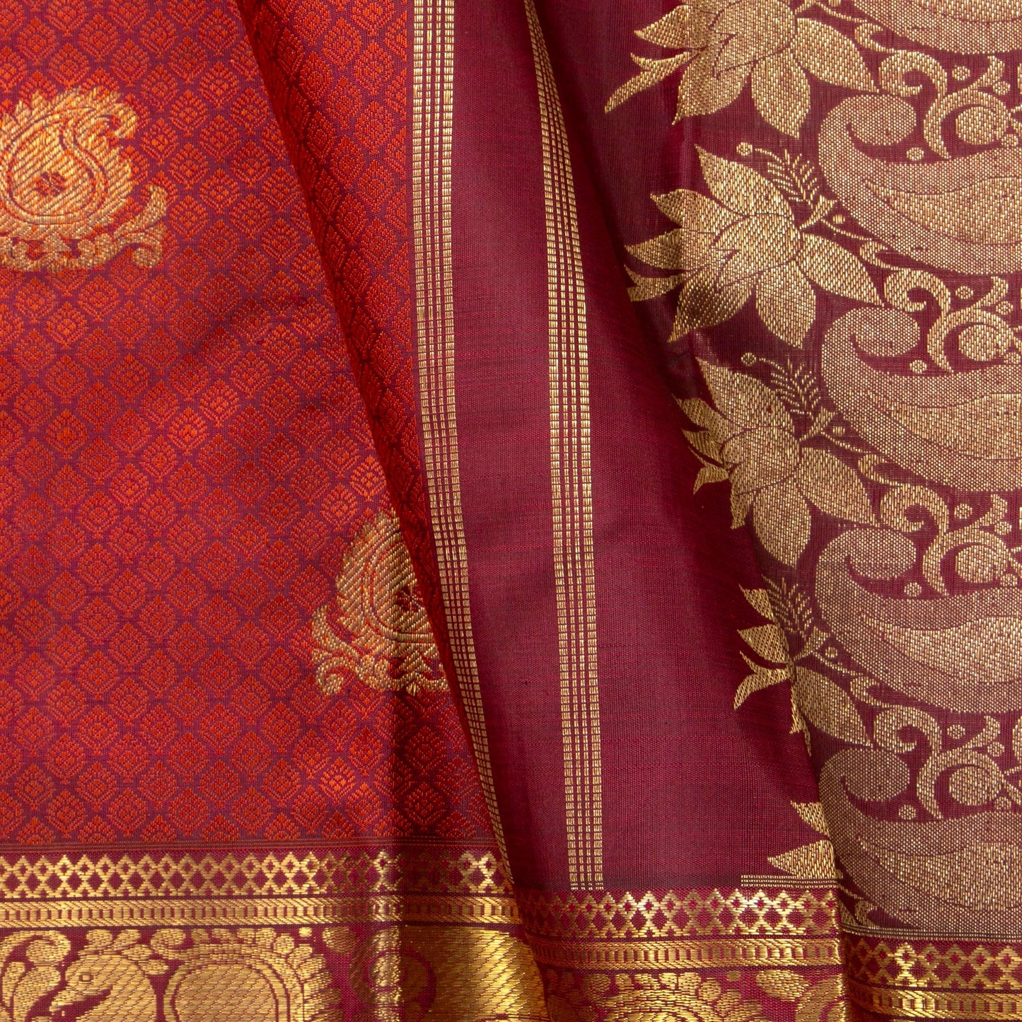 Maroon And Orange Kanchipuram Silk Saree With Jacquard Work For Bridal Wear PV NYC 1350 - Silk Sari - Panjavarnam PV NYC 1350