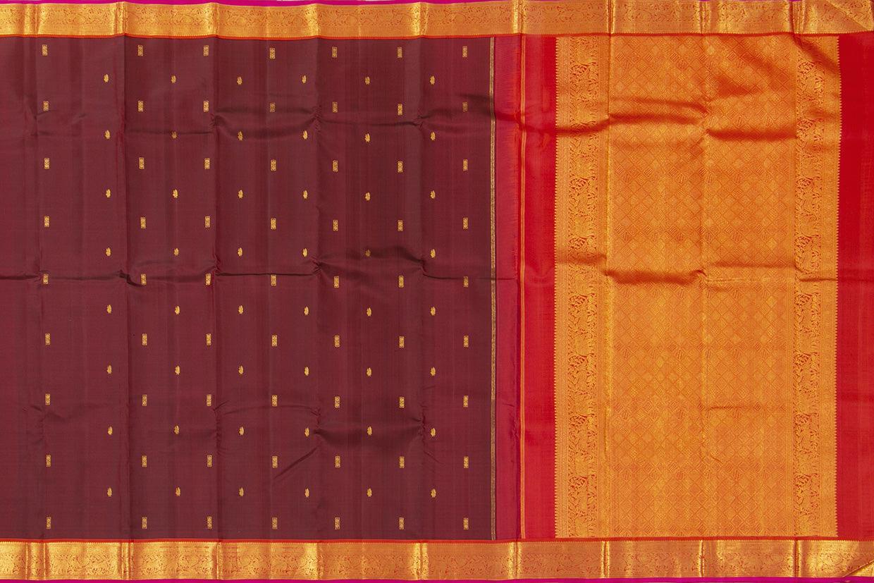 Maroon And Red Kanchipuram Silk Saree With Medium Border Handwoven Pure Silk For Festive Wear PV J 391 - Silk Sari - Panjavarnam PV J 391