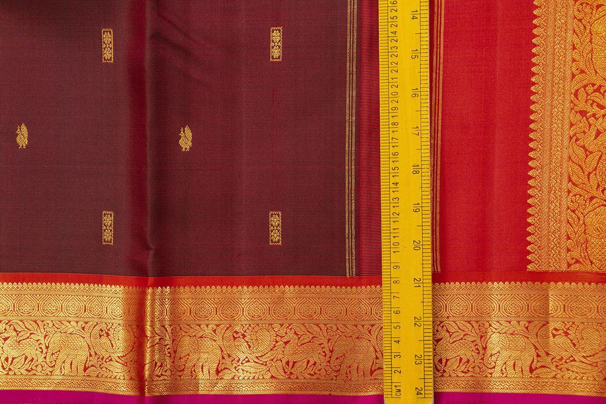 Maroon And Red Kanchipuram Silk Saree With Medium Border Handwoven Pure Silk For Festive Wear PV J 391 - Silk Sari - Panjavarnam PV J 391