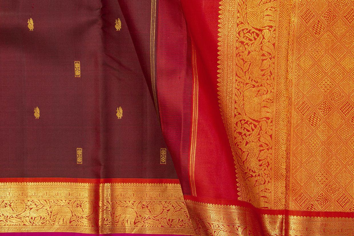 Maroon And Red Kanchipuram Silk Saree With Medium Border Handwoven Pure Silk For Festive Wear PV J 391 - Silk Sari - Panjavarnam PV J 391