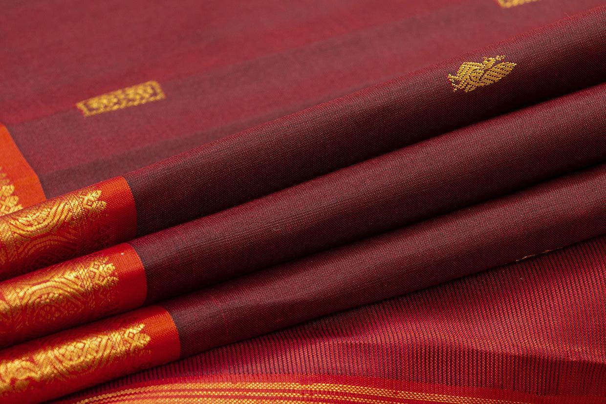 Maroon And Red Kanchipuram Silk Saree With Medium Border Handwoven Pure Silk For Festive Wear PV J 391 - Silk Sari - Panjavarnam PV J 391