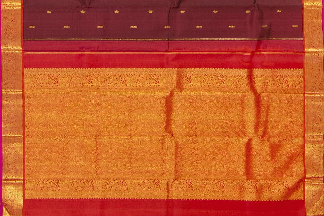 Maroon And Red Kanchipuram Silk Saree With Medium Border Handwoven Pure Silk For Festive Wear PV J 391 - Silk Sari - Panjavarnam PV J 391