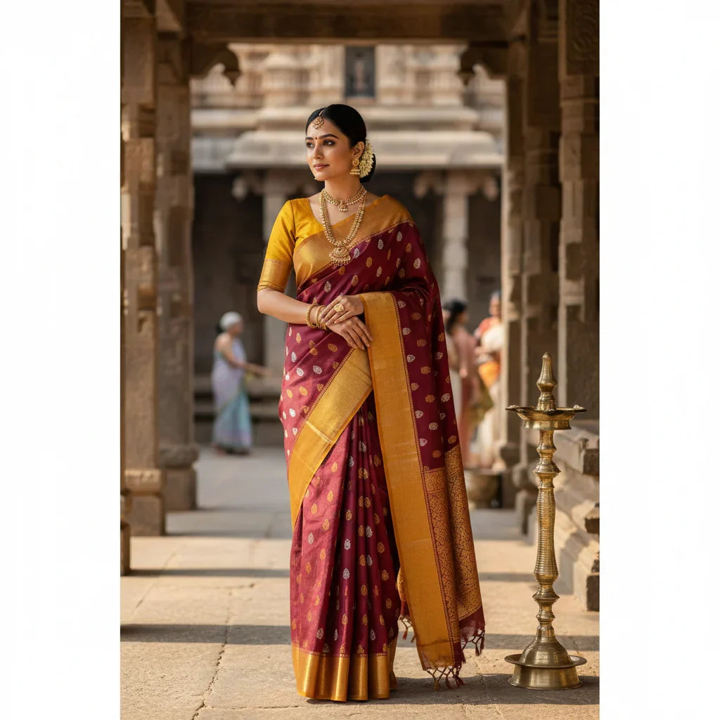 Maroon And Mustard Kanchipuram Silk Saree With Zari Buttas For Wedding Wear PV NYC 1743 - Silk Sari - Panjavarnam