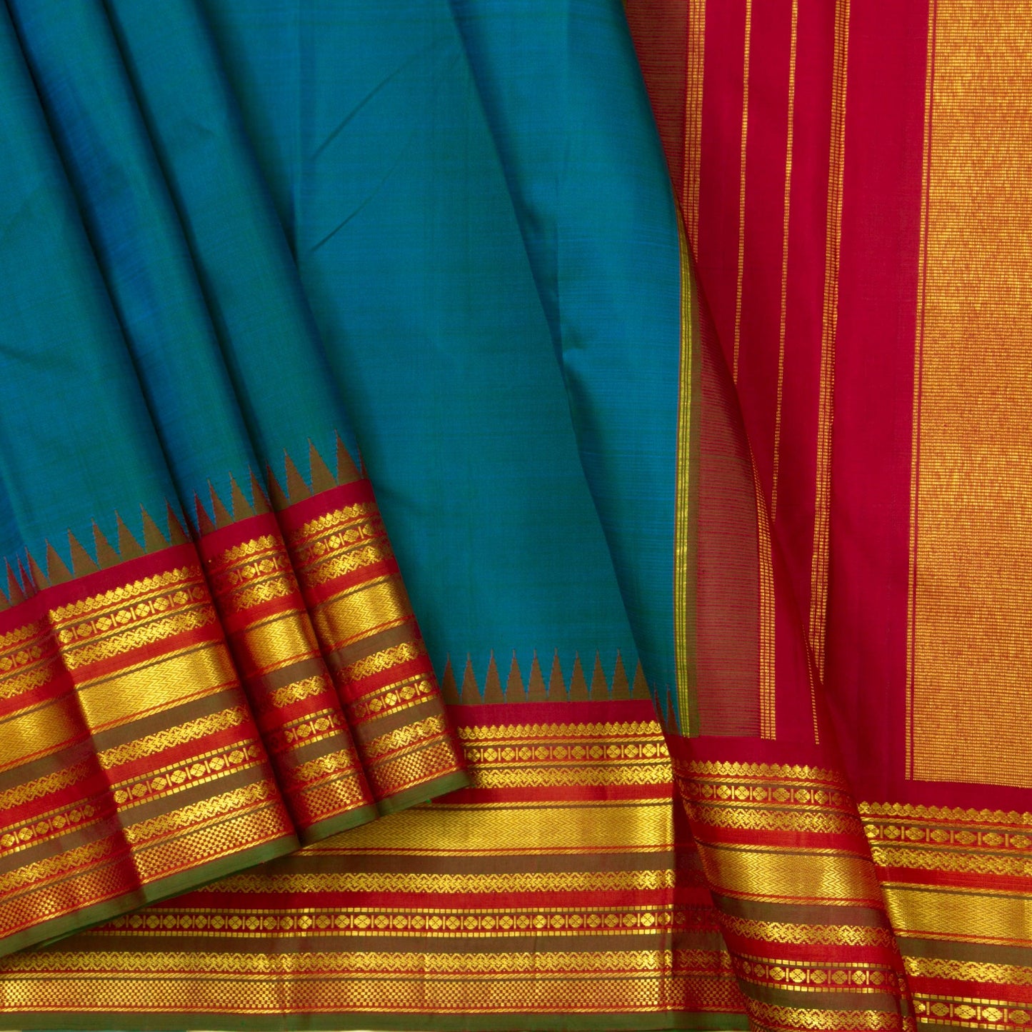 Mayilkazhuthu Blue And Red Kanchipuram Silk Saree With Medium Border Handwoven Pure Silk For Festive Wear PV J 3764 - Silk Sari - Panjavarnam PV J 3764