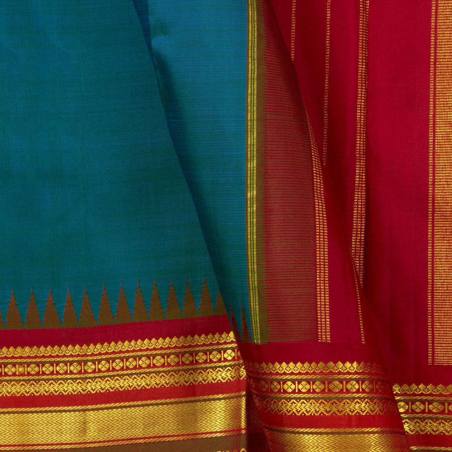 Mayilkazhuthu Blue And Red Kanchipuram Silk Saree With Medium Border Handwoven Pure Silk For Festive Wear PV J 3764 - Silk Sari - Panjavarnam PV J 3764