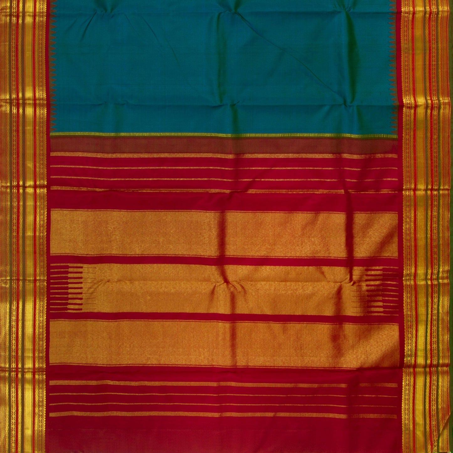Mayilkazhuthu Blue And Red Kanchipuram Silk Saree With Medium Border Handwoven Pure Silk For Festive Wear PV J 3764 - Silk Sari - Panjavarnam PV J 3764