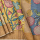 Mustard And Blue Kalamkari Tussar Silk Saree Handpainted Floral Patterns Organic Vegetable Dyes PT K VSR 110