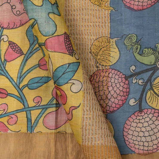 Mustard And Blue Kalamkari Tussar Silk Saree Handpainted Floral Patterns Organic Vegetable Dyes PT K VSR 110 - Kalamkari Silk - Panjavarnam PT K VSR 110