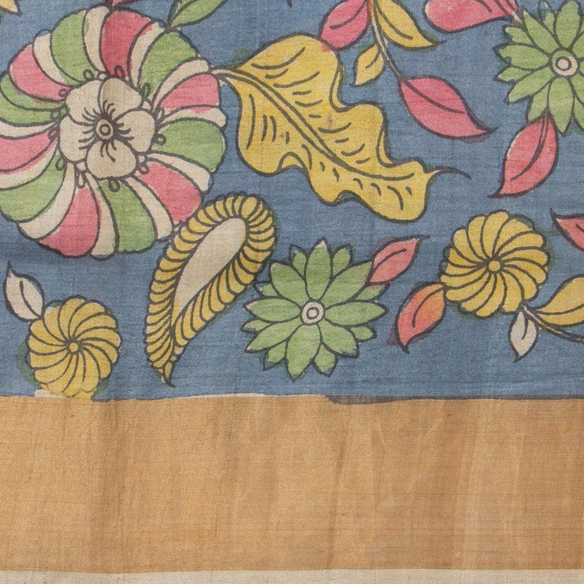Mustard And Blue Kalamkari Tussar Silk Saree Handpainted Floral Patterns Organic Vegetable Dyes PT K VSR 110 - Kalamkari Silk - Panjavarnam PT K VSR 110
