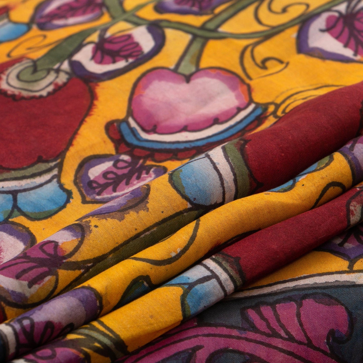 Mustard And Maroon Kalamkari Bangalore Silk Saree Handpainted Organic Dyes For Office Wear PKBS 582 - Kalamkari Silk - Panjavarnam PKBS 582