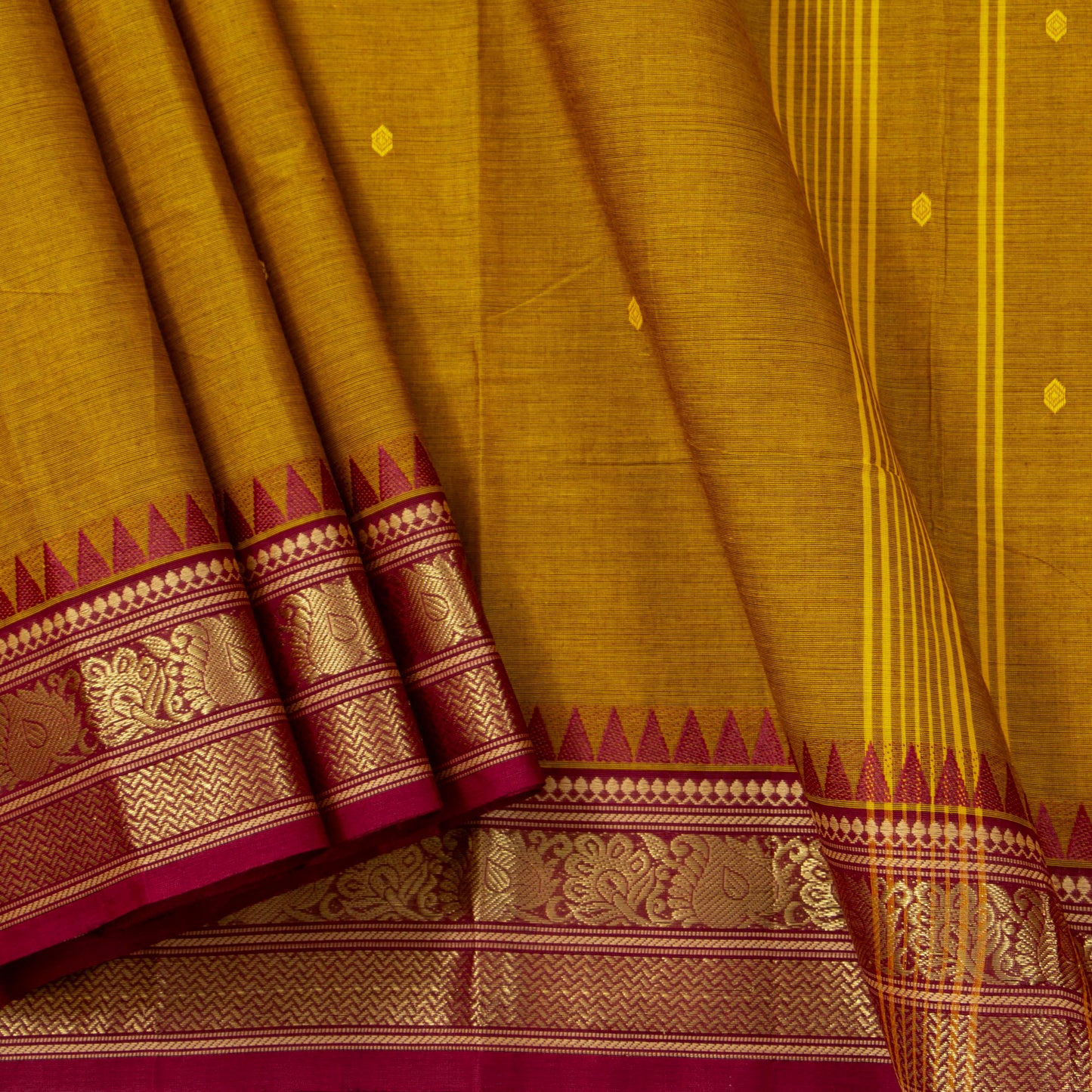 Mustard And Maroon Kanchi Cotton Saree PV MM KC 226 - Cotton Saree - Panjavarnam PV MM KC 226