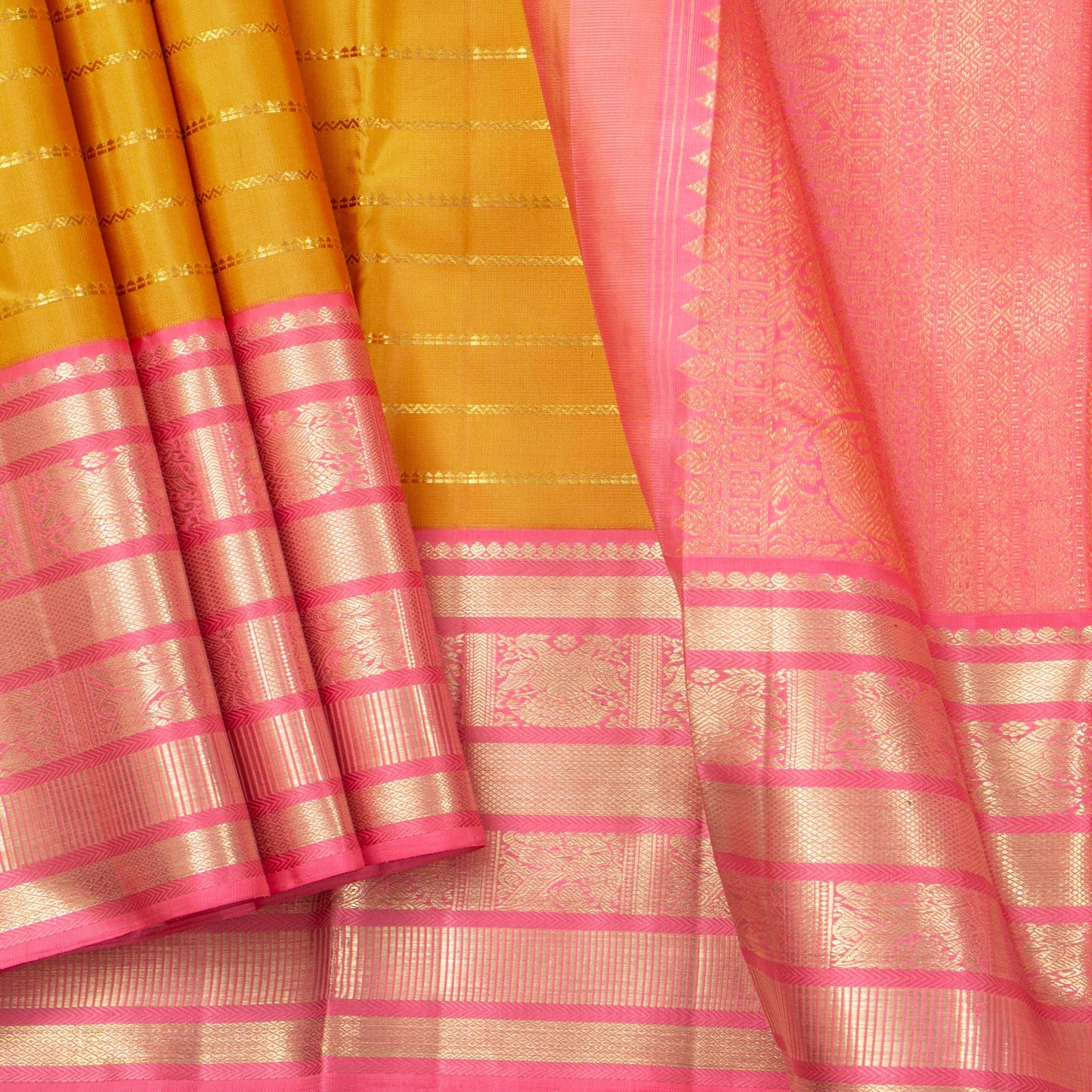 Mustard And Pink Kanchipuram Silk Saree For Bridal Wear PV NYC 1328 - Silk Sari - Panjavarnam PV NYC 1328