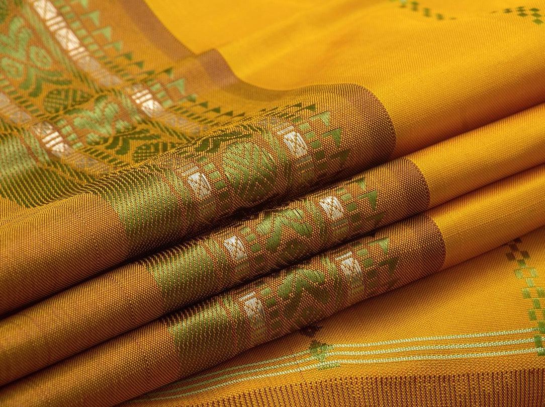 Mustard Kanchipuram Silk Saree With Veldhari Stripes Handwoven Pure Silk No Zari For Office Wear PV SA 2031 - Silk Sari - Panjavarnam PV SA 2031
