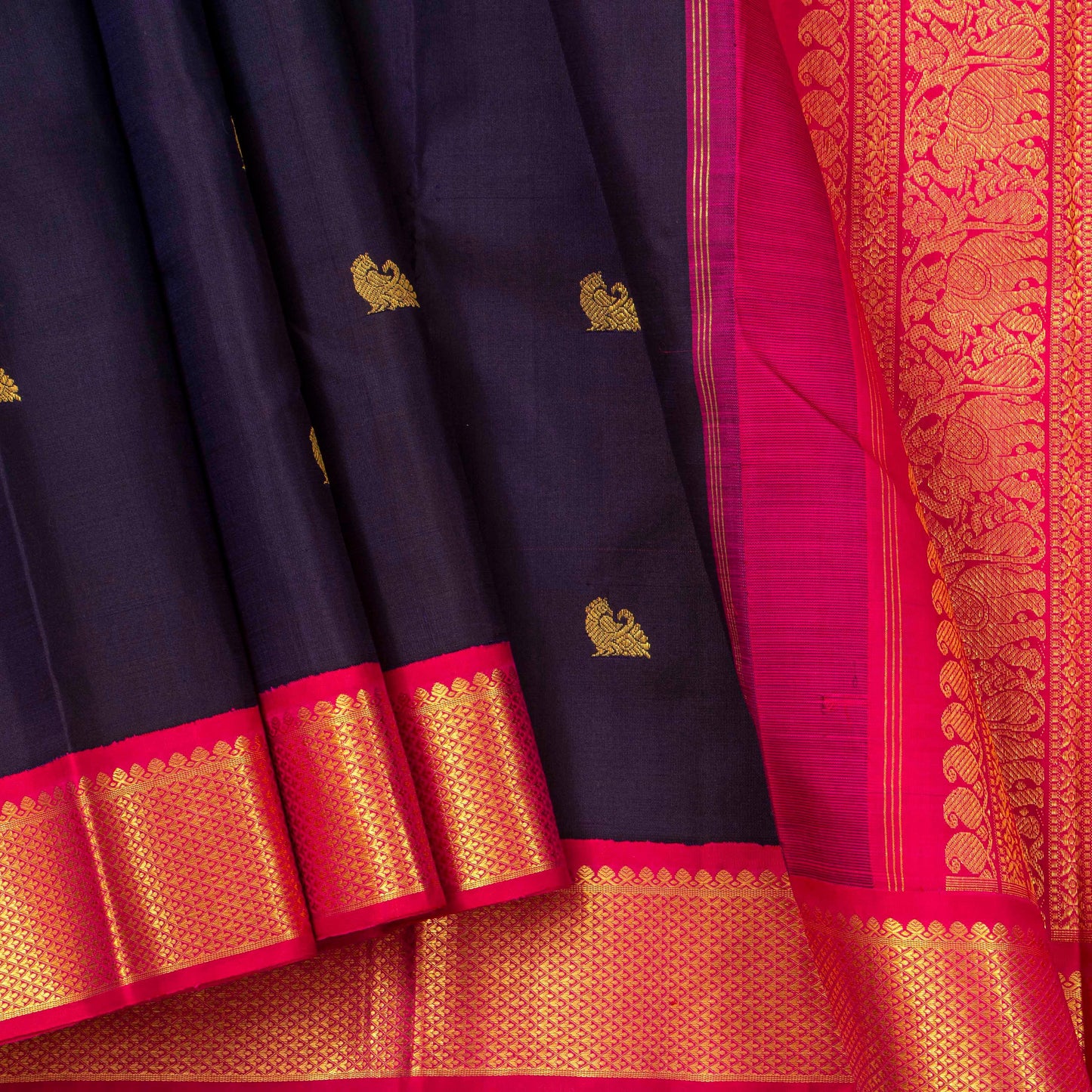 Navy Blue And Pink Kanchipuram Silk Saree For Festive Wear PV NYC 1321 - Silk Sari - Panjavarnam PV NYC 1321
