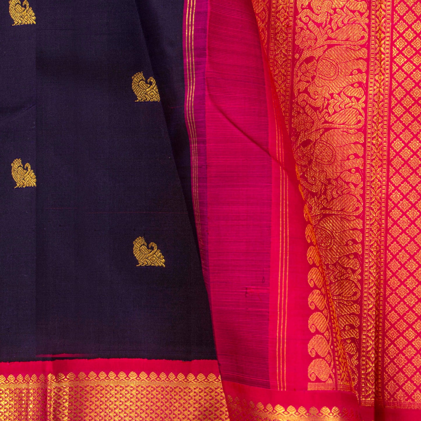 Navy Blue And Pink Kanchipuram Silk Saree For Festive Wear PV NYC 1321 - Silk Sari - Panjavarnam PV NYC 1321