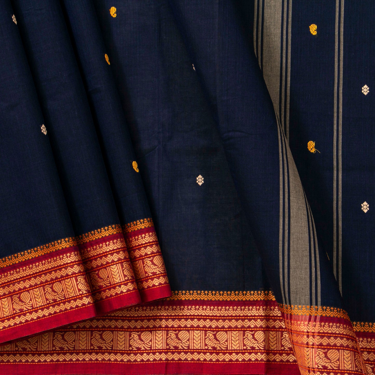 Navy Blue And Red Kanchi Cotton Saree PV MM KC 180 - Cotton Saree - Panjavarnam PV MM KC 180