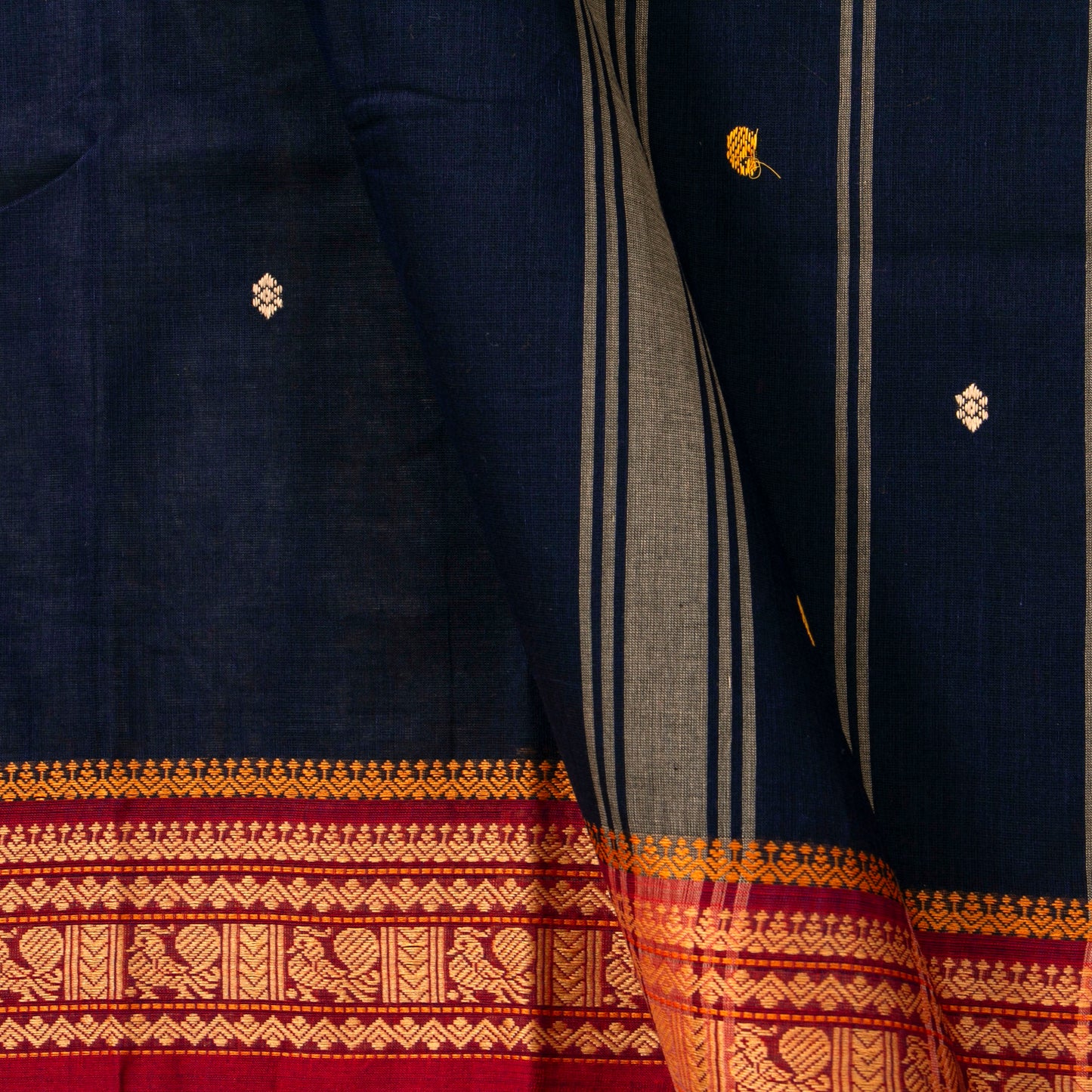 Navy Blue And Red Kanchi Cotton Saree PV MM KC 180 - Cotton Saree - Panjavarnam PV MM KC 180