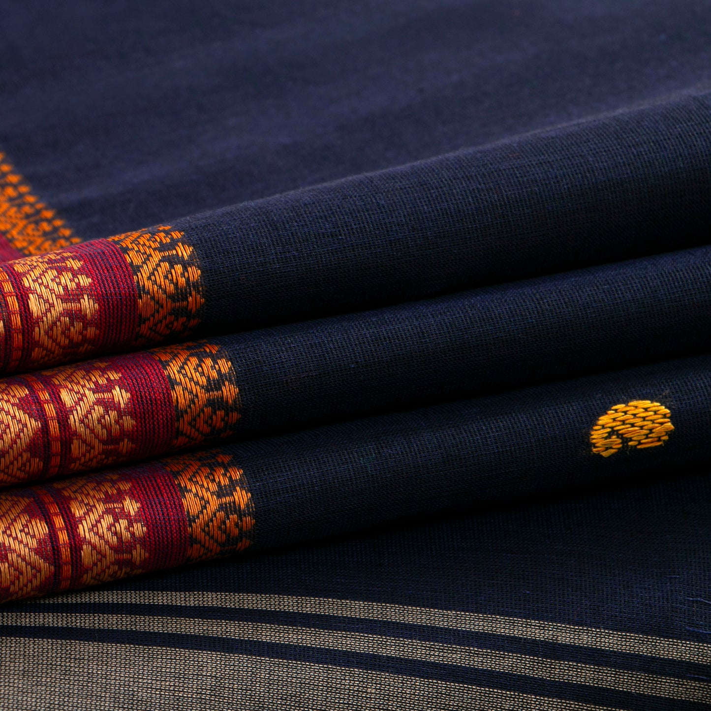 Navy Blue And Red Kanchi Cotton Saree PV MM KC 180 - Cotton Saree - Panjavarnam PV MM KC 180