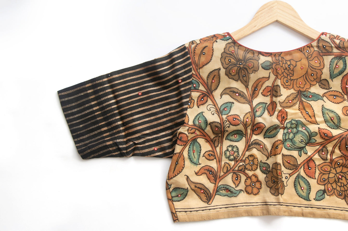 Off White And Black Kalamkari Readymade Blouse PV BL 002 - Blouse - Panjavarnam PV BL 002