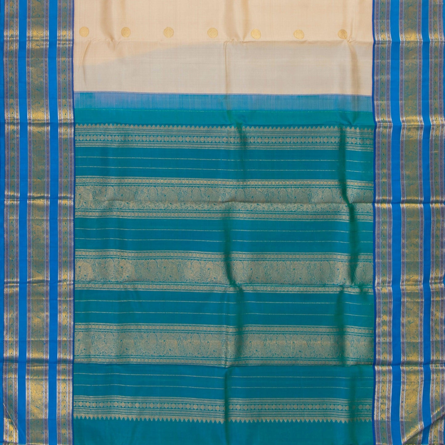 Off White And Blue Kanchipuram Silk Saree With Medium Border Handwoven Pure Silk For Festive Wear PV J 3762 - Silk Sari - Panjavarnam PV J 3762