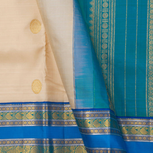 Off White And Blue Kanchipuram Silk Saree With Medium Border Handwoven Pure Silk For Festive Wear PV J 3762 - Silk Sari - Panjavarnam PV J 3762