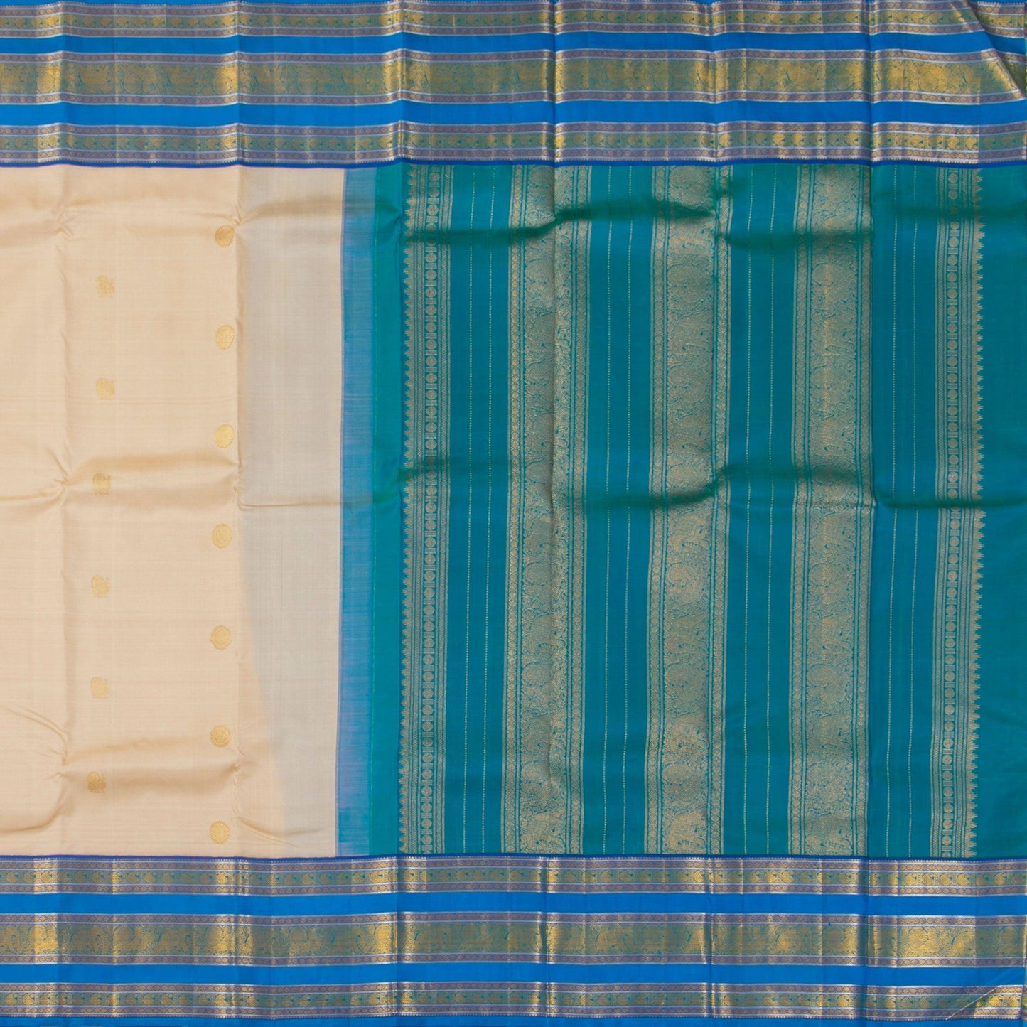 Off White And Blue Kanchipuram Silk Saree With Medium Border Handwoven Pure Silk For Festive Wear PV J 3762 - Silk Sari - Panjavarnam PV J 3762