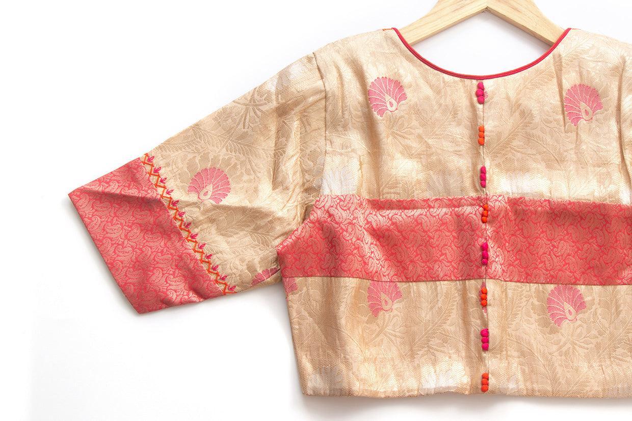 Off White And Pink Brocade Readymade Blouse PV BL 011 - Blouse - Panjavarnam PV BL 011