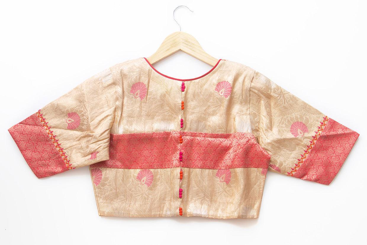 Off White And Pink Brocade Readymade Blouse PV BL 011 - Blouse - Panjavarnam PV BL 011