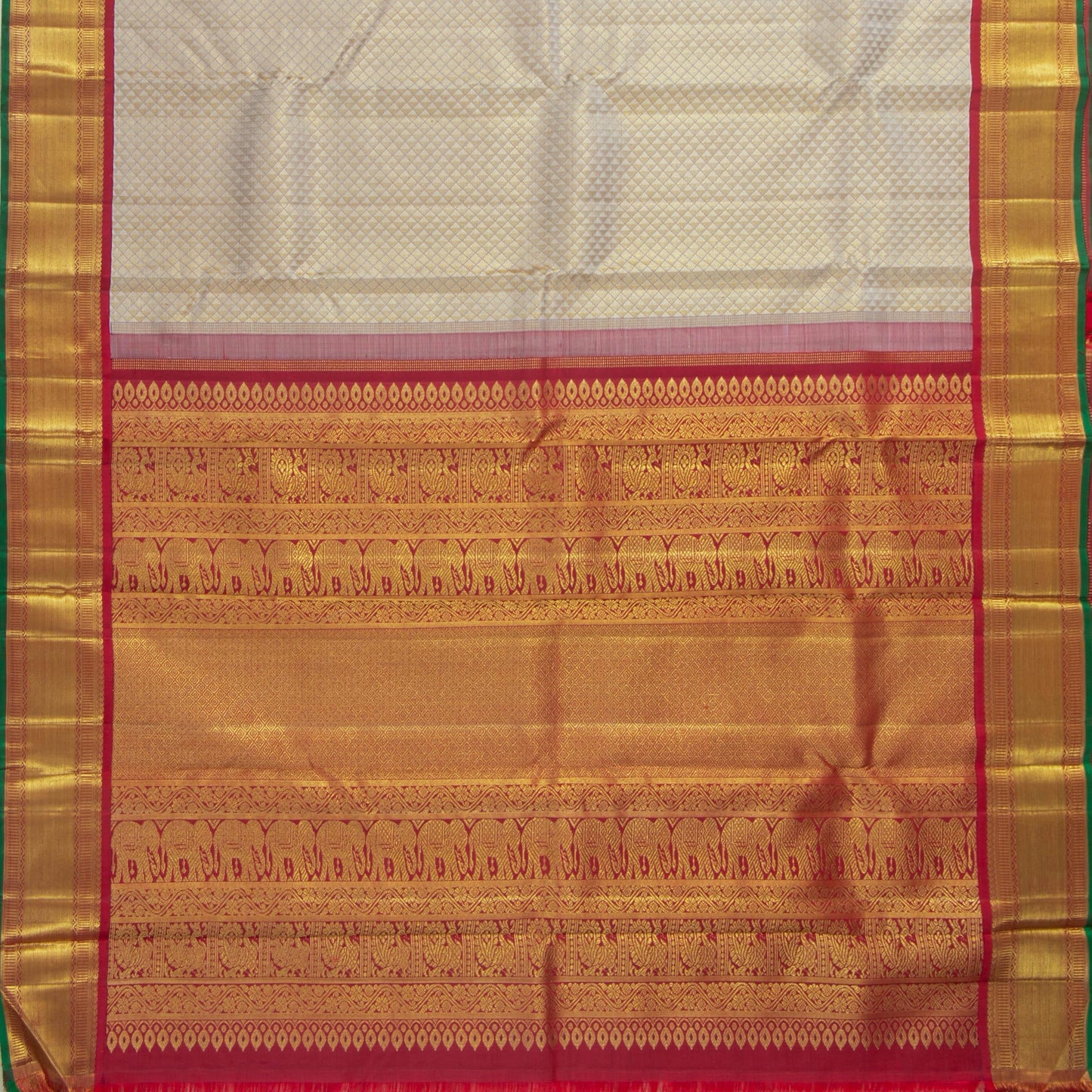 Off White And Red Kanchipuram Silk Saree With Medium Border Handwoven Pure Silk For Wedding Wear PV NYC 1137 - Silk Sari - Panjavarnam PV NYC 1137
