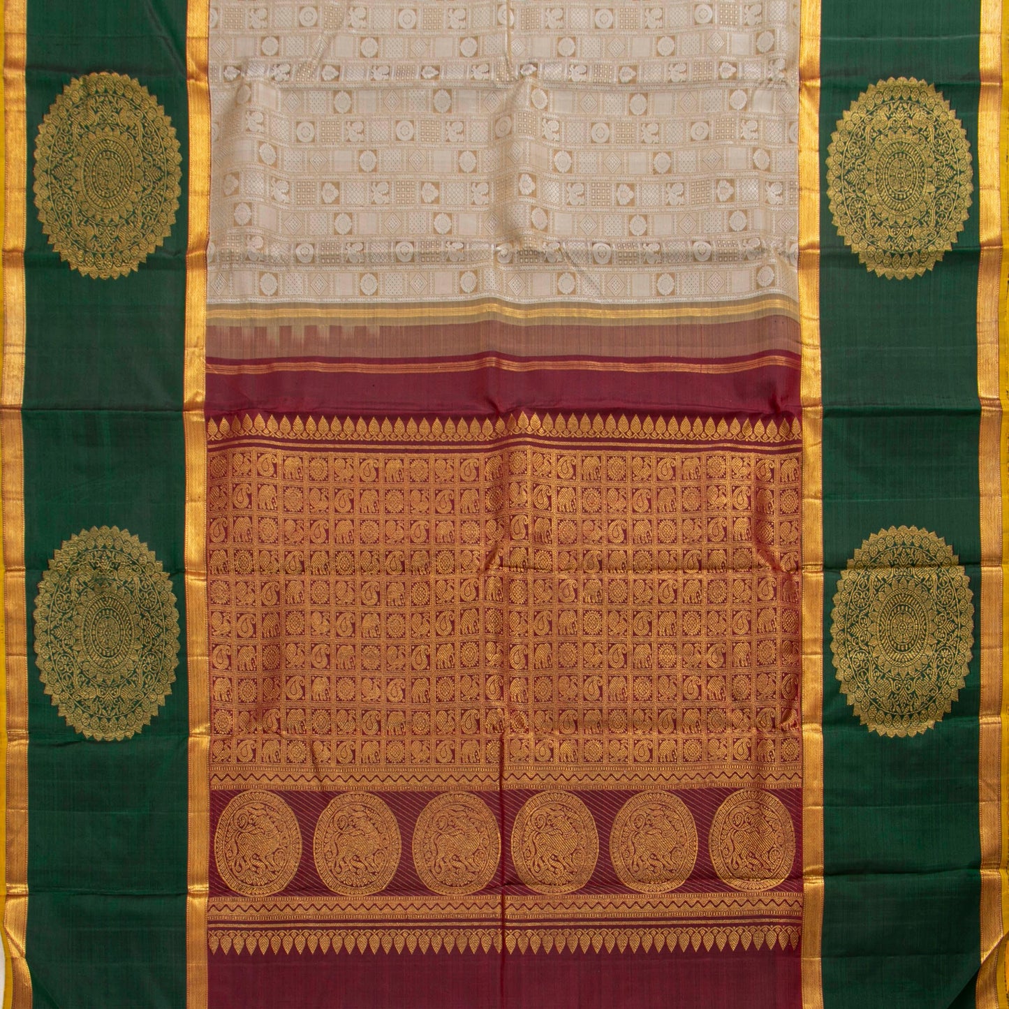 Olive Green And Maroon Kanchipuram Silk Saree For Wedding Wear PV J 3811 - - Panjavarnam PV J 3811