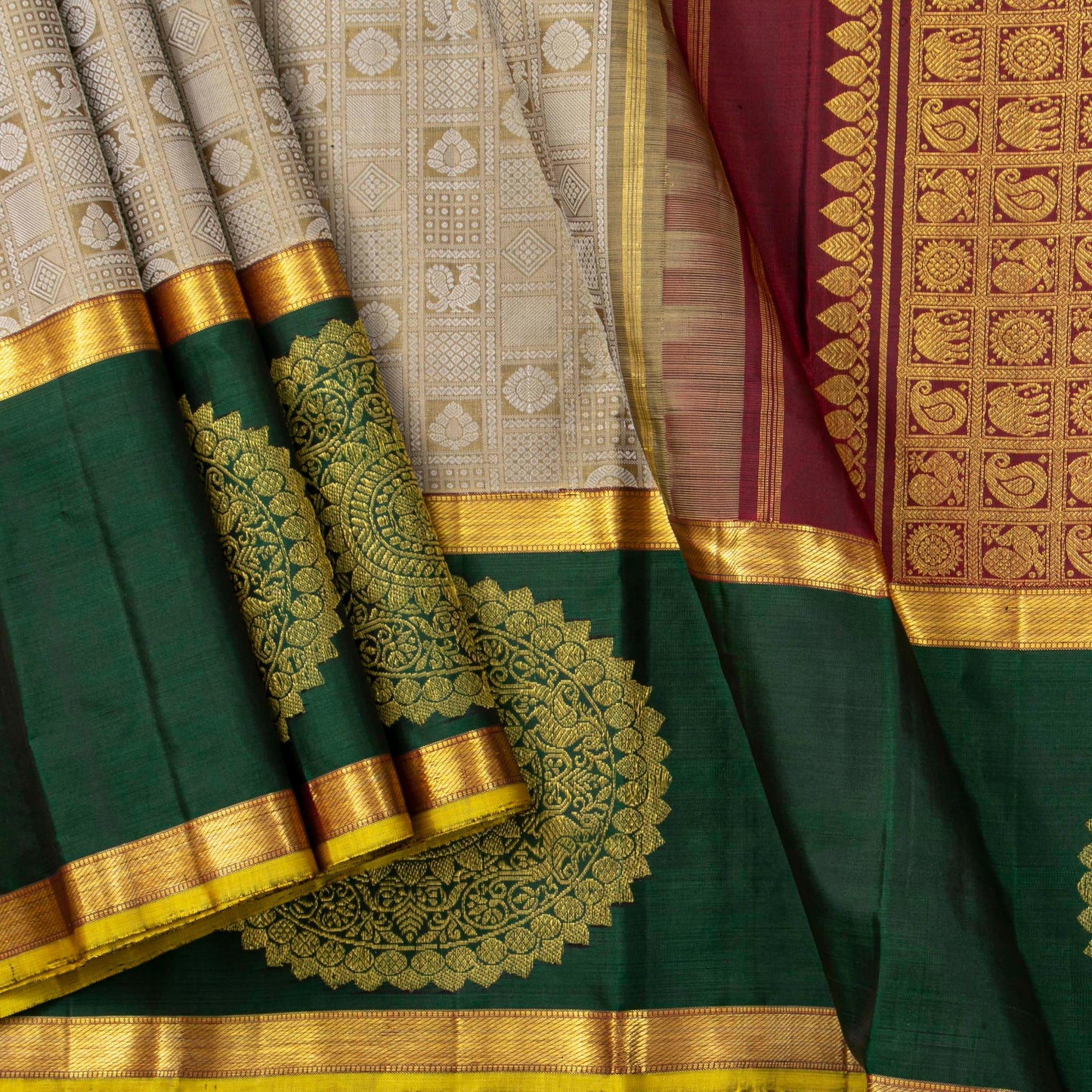 Olive Green And Maroon Kanchipuram Silk Saree For Wedding Wear PV J 3811 - - Panjavarnam PV J 3811