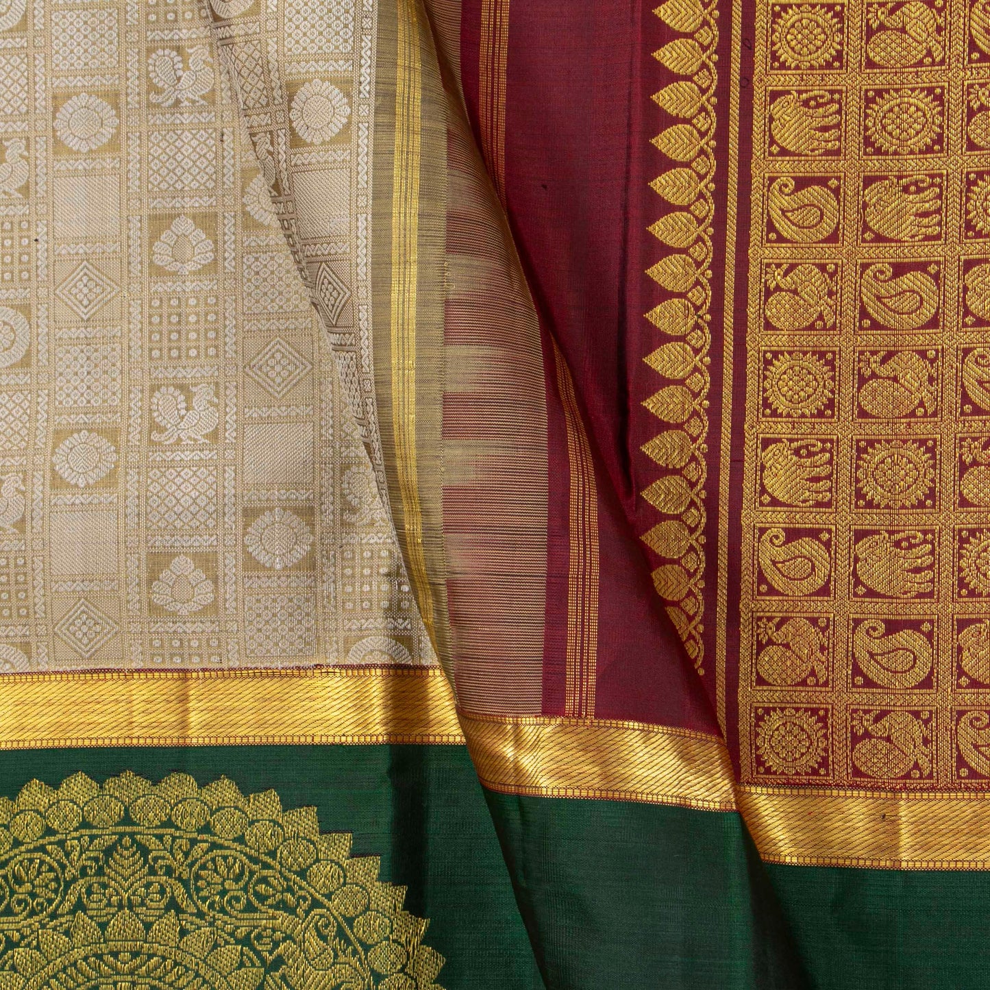 Olive Green And Maroon Kanchipuram Silk Saree For Wedding Wear PV J 3811 - - Panjavarnam PV J 3811