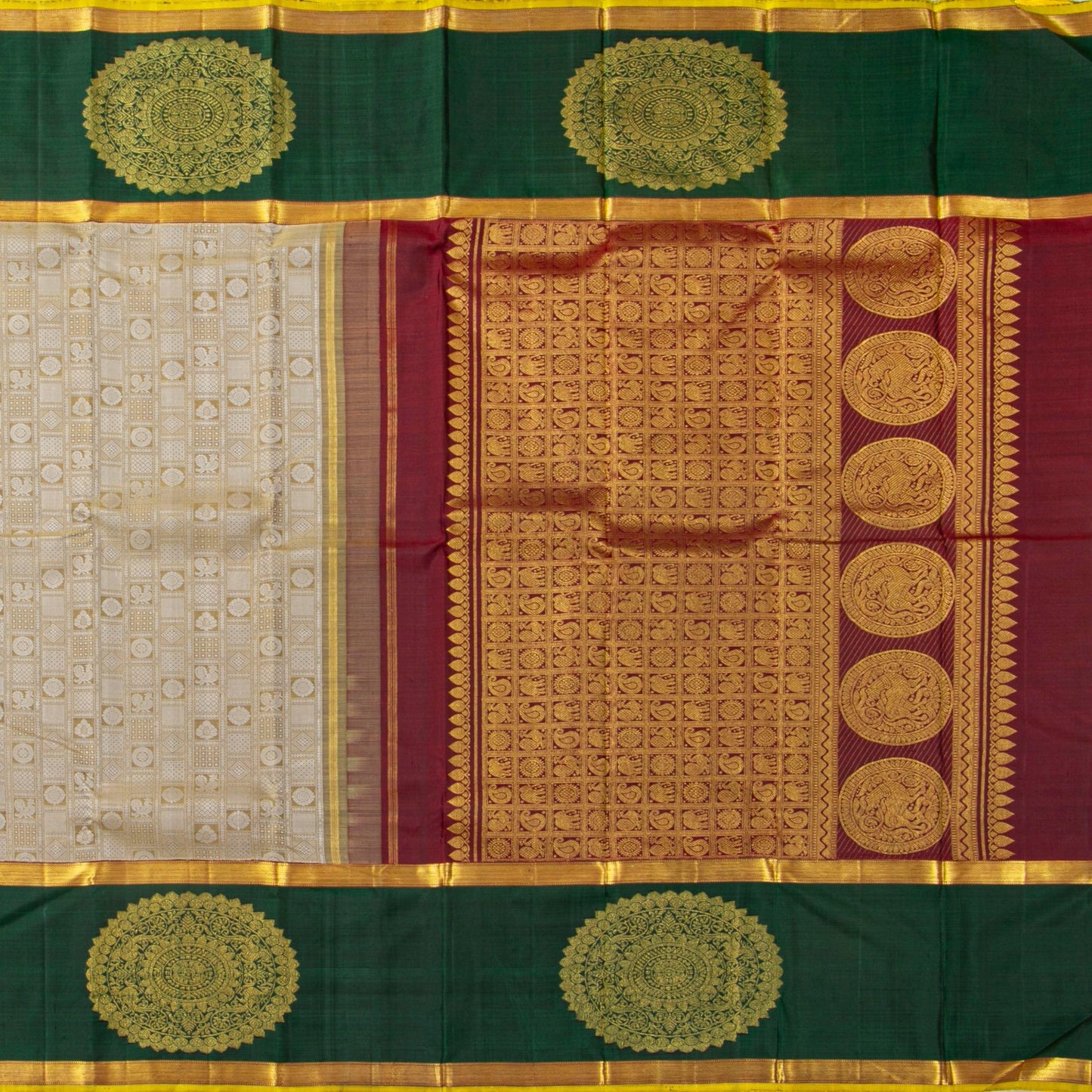 Olive Green And Maroon Kanchipuram Silk Saree For Wedding Wear PV J 3811 - - Panjavarnam PV J 3811