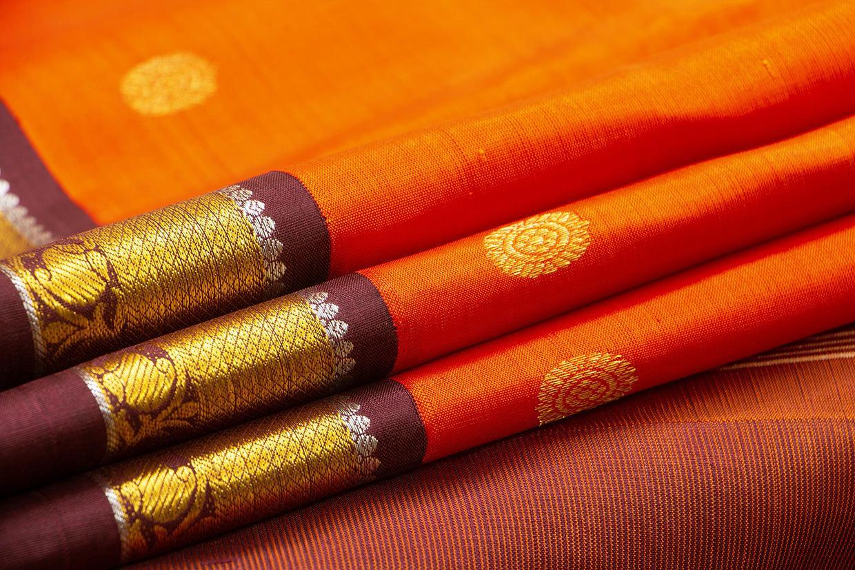 Orange And Brown Kanchipuram Silk Saree With Medium Border Handwoven Pure Silk For Wedding Wear PV NYC 1041 - Silk Sari - Panjavarnam PV NYC 1041
