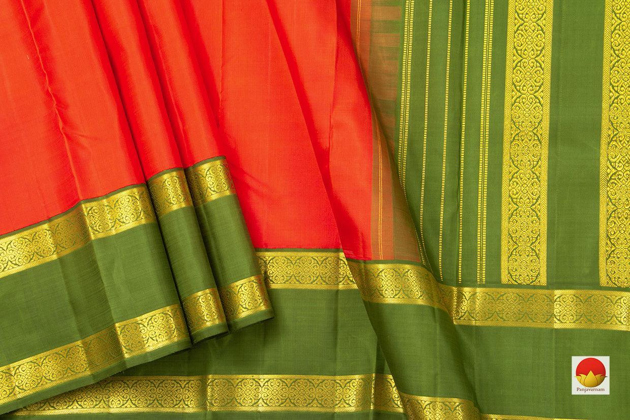 Orange And Green Kanchipuram Silk Saree With Medium Rettai Pettu Border Handwoven Pure Silk For Wedding Wear PV NYC 1021 - Silk Sari - Panjavarnam PV NYC 1021