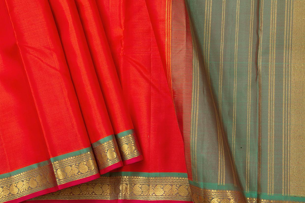 Orange and Green Kanchipuram Silk Saree With Short Border 