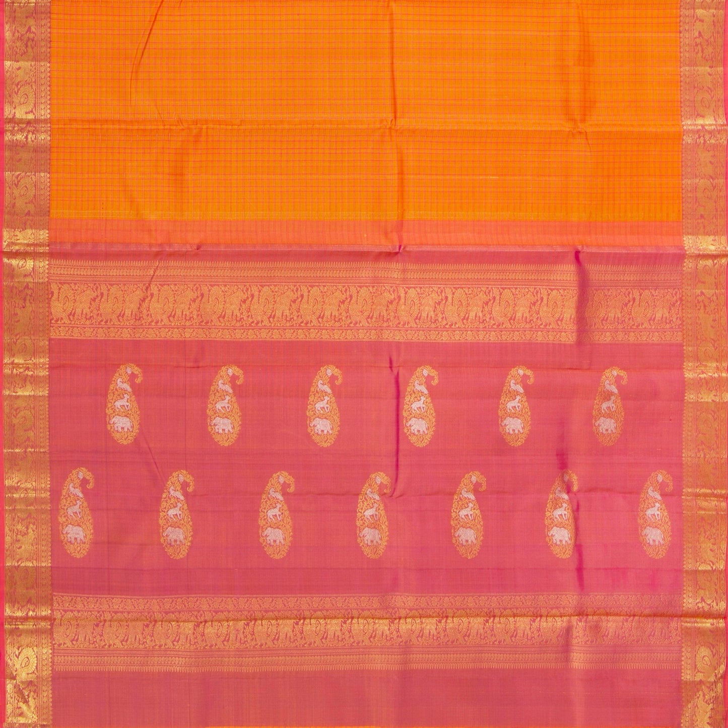 Orange And Pink Kanchipuram Silk Saree For Wedding Wear PV NYC 1334 - Silk Sari - Panjavarnam PV NYC 1334