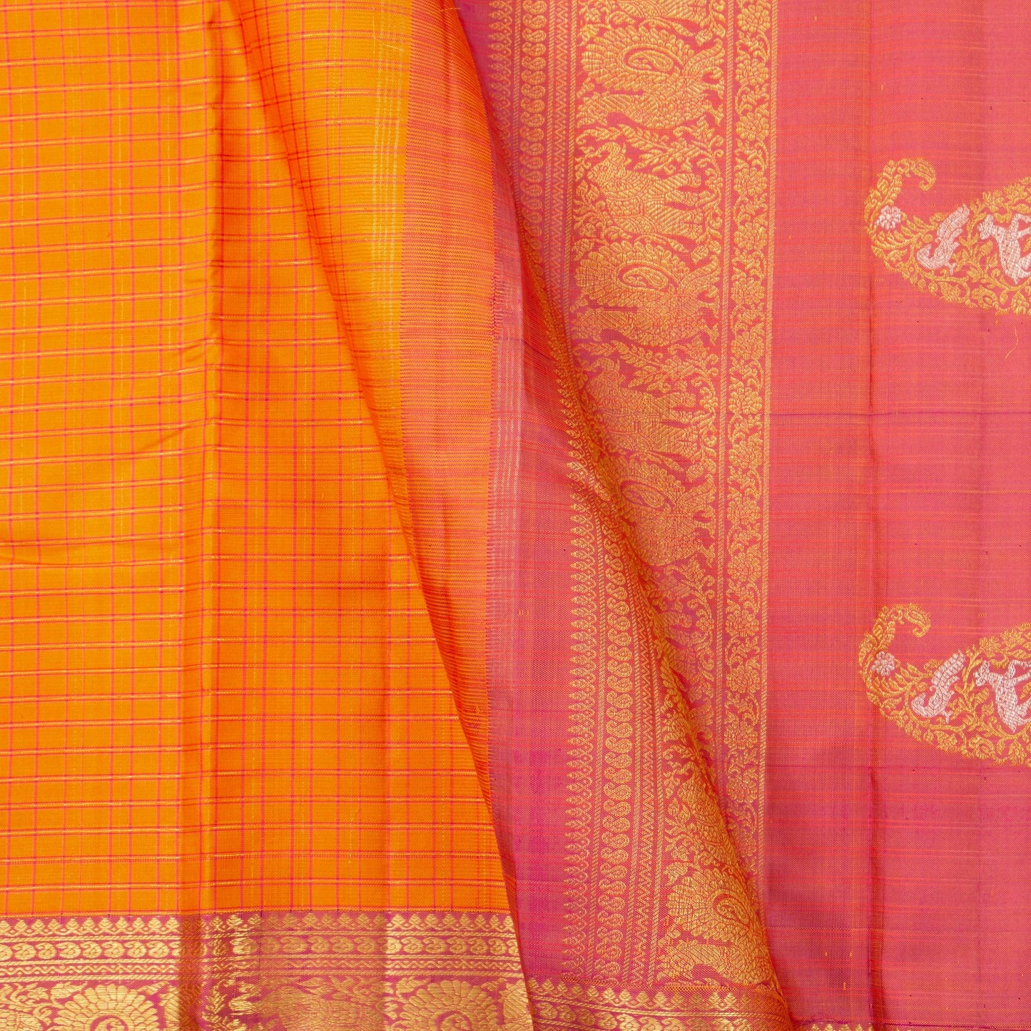 Orange And Pink Kanchipuram Silk Saree For Wedding Wear PV NYC 1334 - Silk Sari - Panjavarnam PV NYC 1334