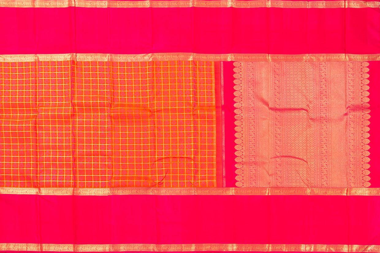 Orange And Pink Kanchipuram Silk Saree With Medium Border Handwoven Pure Silk For Wedding Wear PV NYC 1055 - Silk Sari - Panjavarnam PV NYC 1055