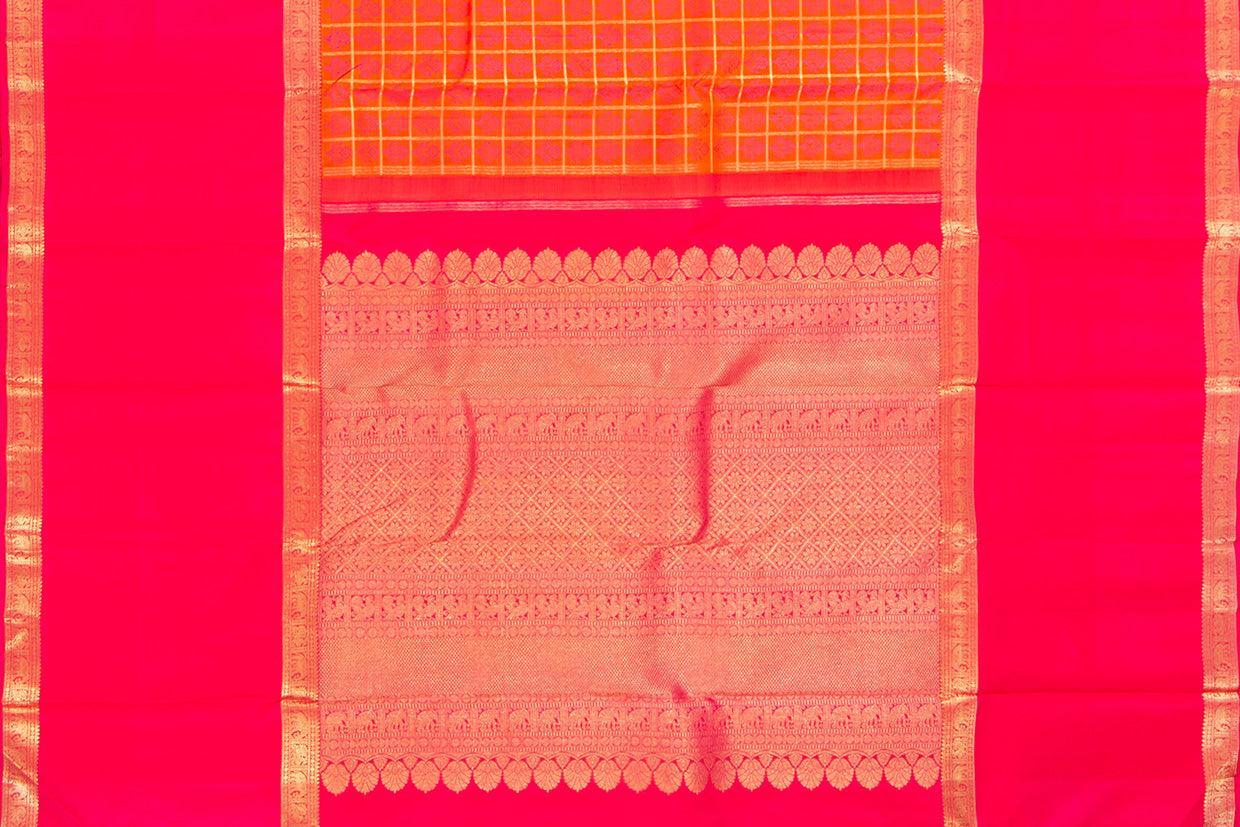 Orange And Pink Kanchipuram Silk Saree With Medium Border Handwoven Pure Silk For Wedding Wear PV NYC 1055 - Silk Sari - Panjavarnam PV NYC 1055