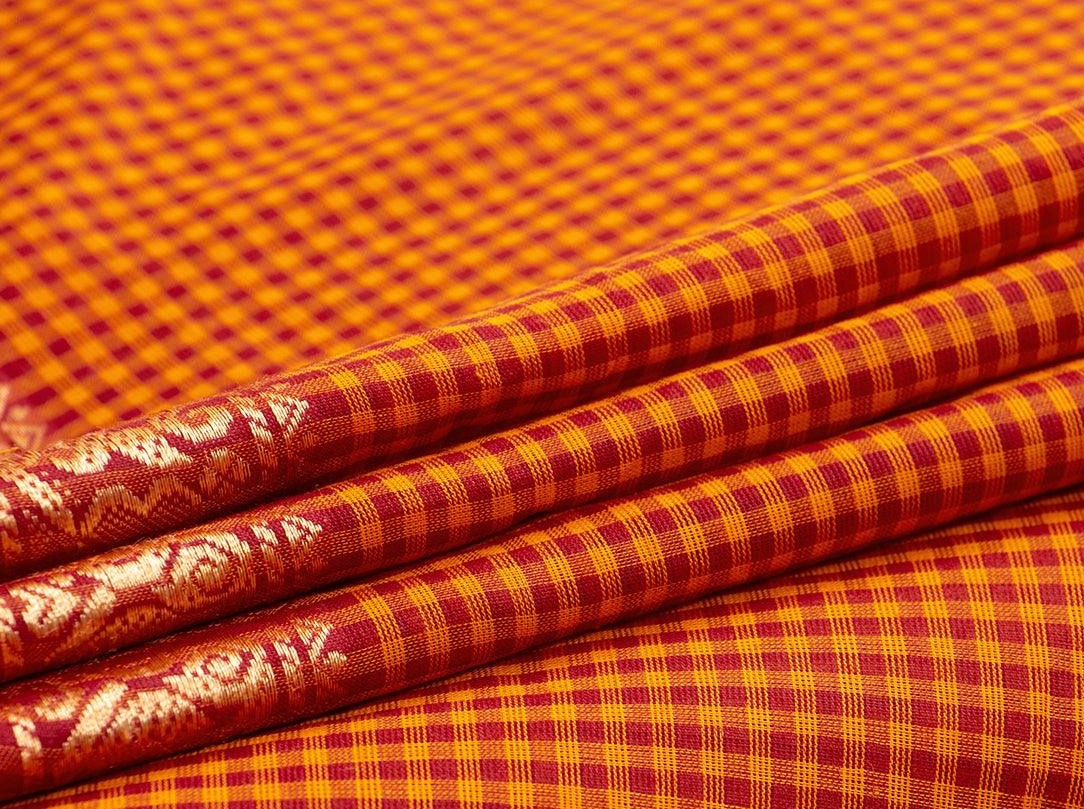 Orange And Red Checks Chettinad Cotton Saree For Casual Wear PV CC 135 - Cotton Saree - Panjavarnam
