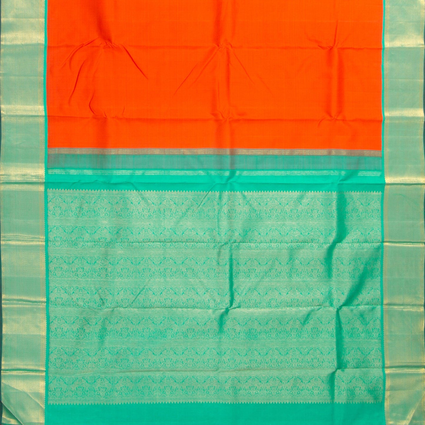 Orange And Sea Green Kanjivaram Silk Saree With Medium Border Handwoven Pure Silk For Festive Wear PV J 2955 - Silk Sari - Panjavarnam PV J 2955