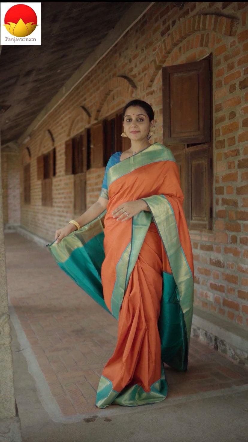 Orange And Sea Green Kanjivaram Silk Saree With Medium Border Handwoven Pure Silk For Festive Wear PV J 2955 - Silk Sari - Panjavarnam PV J 2955