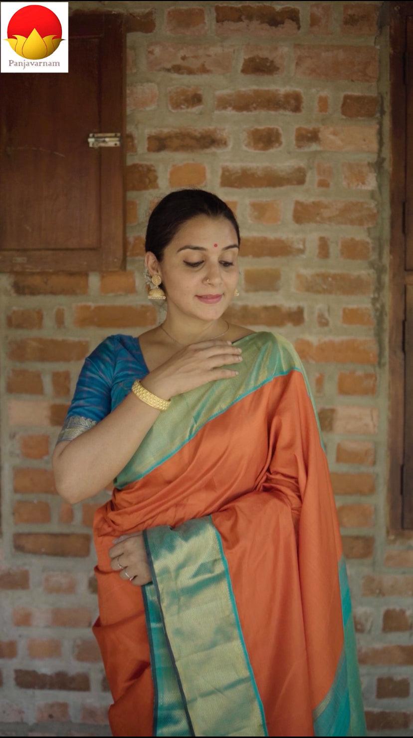 Orange And Sea Green Kanjivaram Silk Saree With Medium Border Handwoven Pure Silk For Festive Wear PV J 2955 - Silk Sari - Panjavarnam PV J 2955