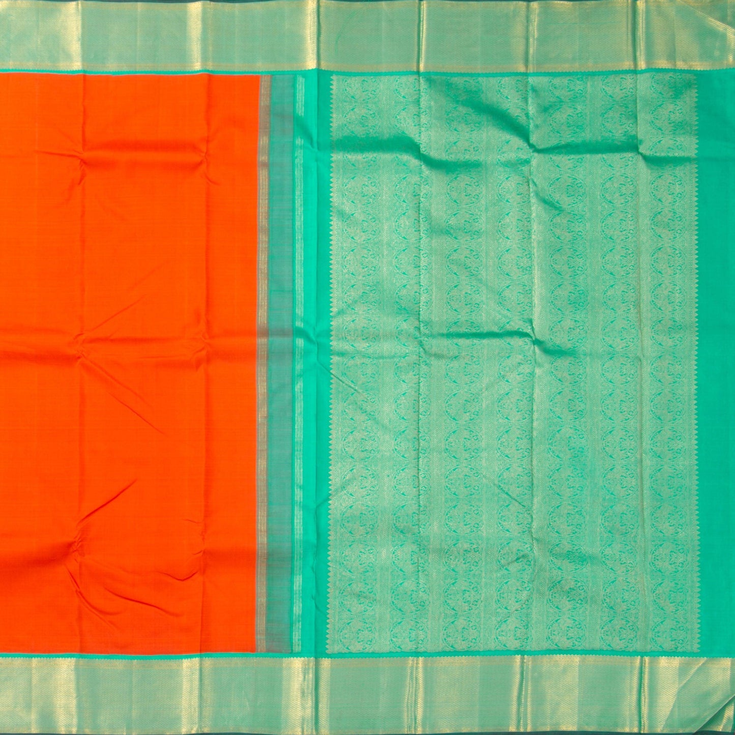 Orange And Sea Green Kanjivaram Silk Saree With Medium Border Handwoven Pure Silk For Festive Wear PV J 2955 - Silk Sari - Panjavarnam PV J 2955