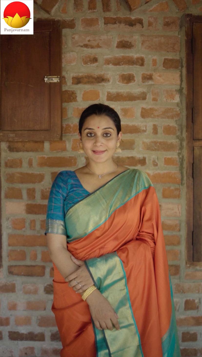 Orange And Sea Green Kanjivaram Silk Saree With Medium Border Handwoven Pure Silk For Festive Wear PV J 2955 - Silk Sari - Panjavarnam PV J 2955