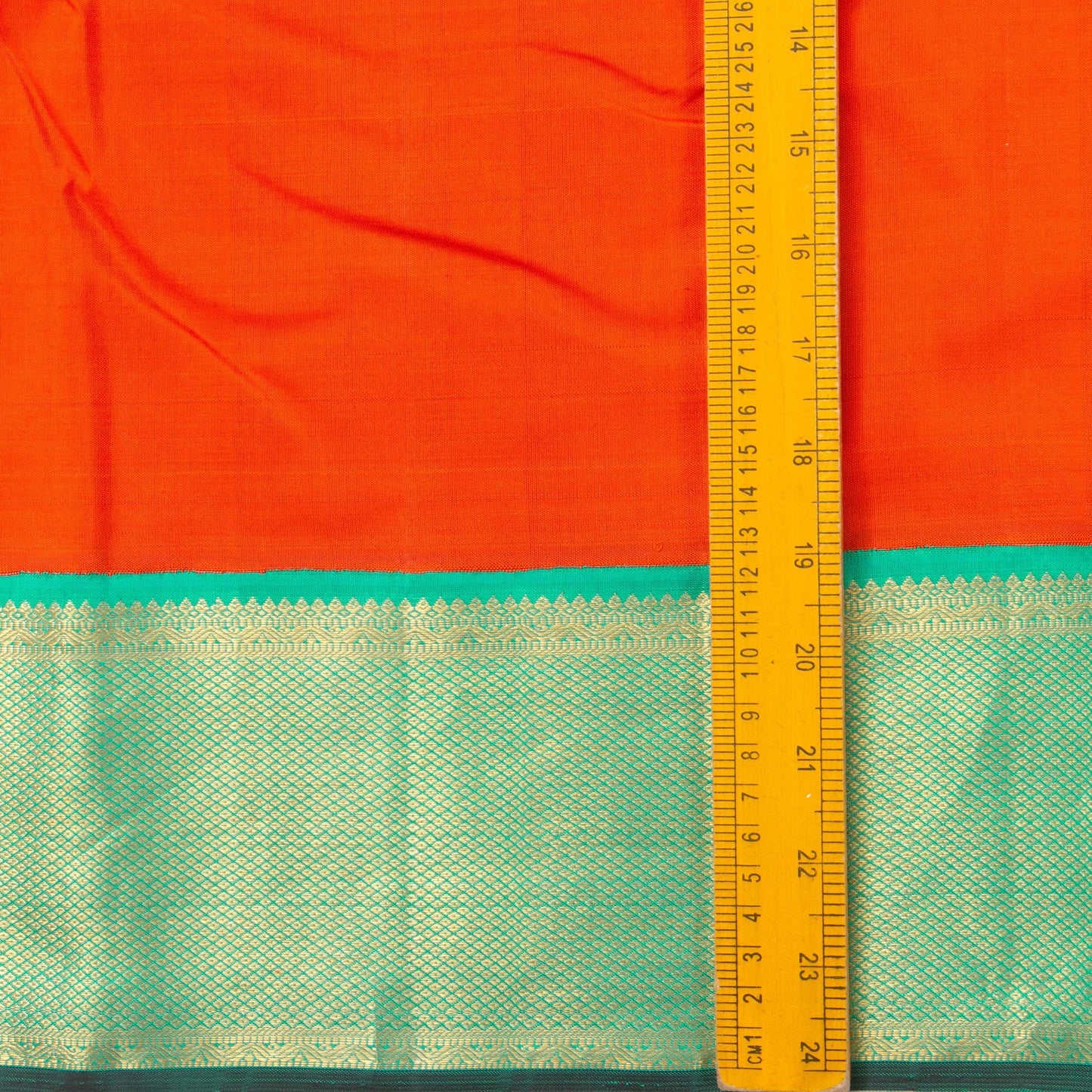 Orange And Sea Green Kanjivaram Silk Saree With Medium Border Handwoven Pure Silk For Festive Wear PV J 2955 - Silk Sari - Panjavarnam PV J 2955