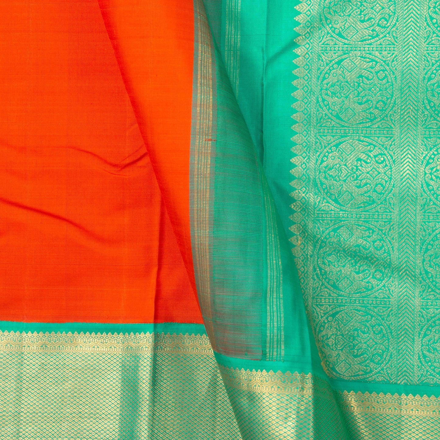 Orange And Sea Green Kanjivaram Silk Saree With Medium Border Handwoven Pure Silk For Festive Wear PV J 2955 - Silk Sari - Panjavarnam PV J 2955